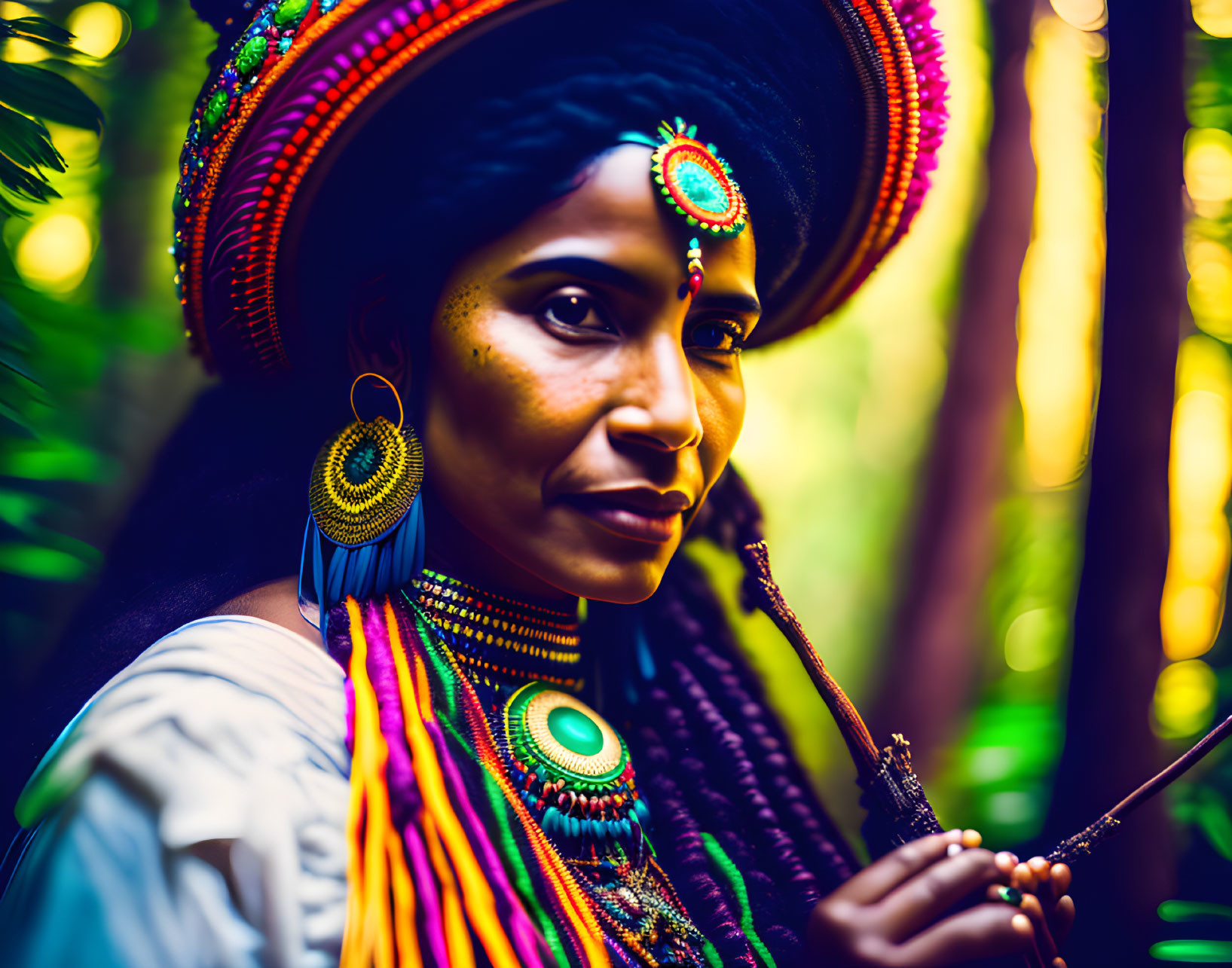 Colorful Beadwork Woman in Vibrant Headdress Surrounded by Greenery