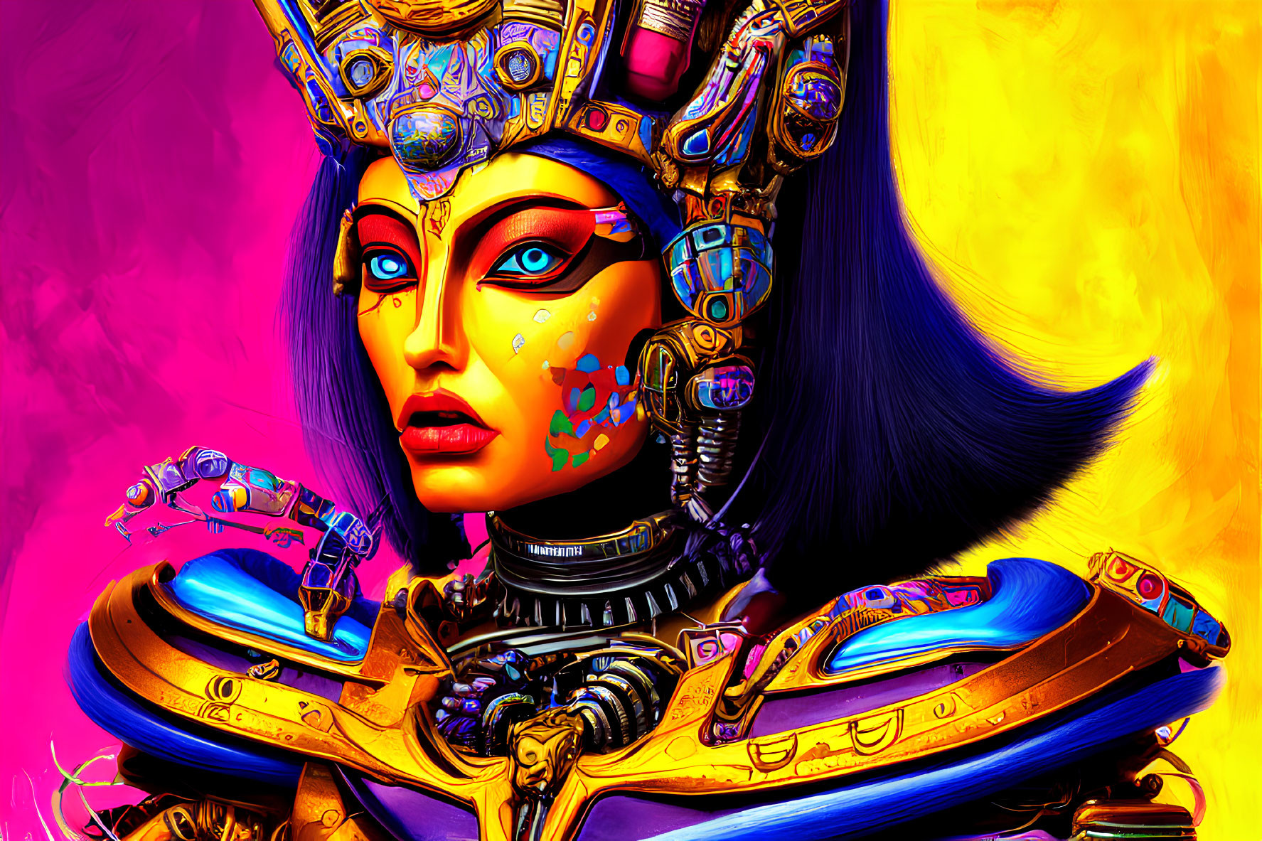 Futuristic female figure with golden headdress and blue skin on pink and yellow background