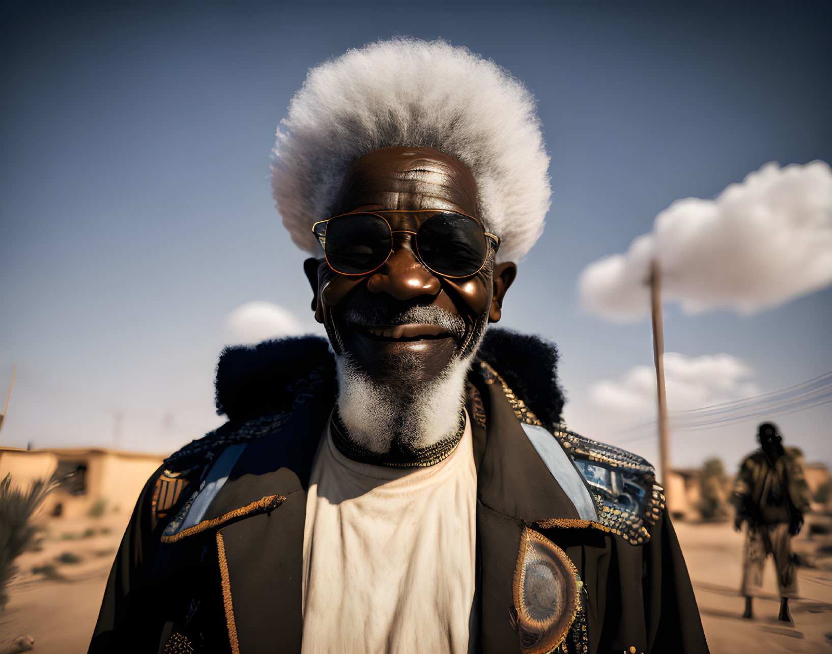 Man with white afro and beard in sunglasses smiles in desert landscape