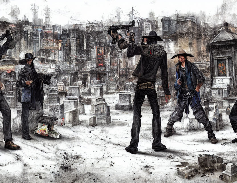 Four cowboys in snow-covered dystopian graveyard gunfight with city ruins.