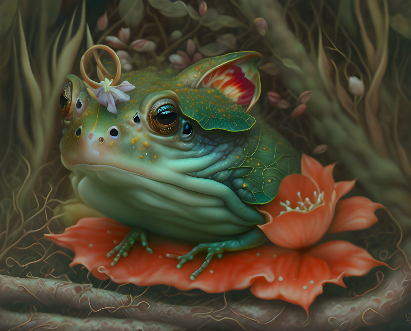 Colorful Frog Illustration Surrounded by Lush Vegetation