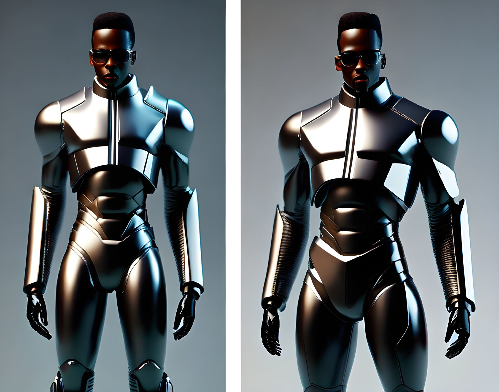 Futuristic mannequin figure in dark armor on gray background