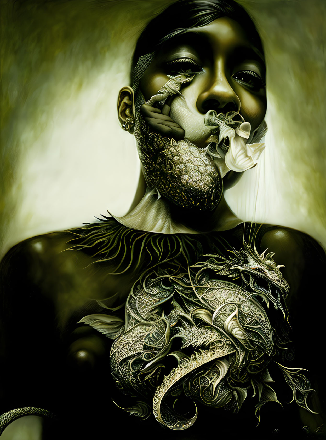 Illustration: Person with dragon tattoo and flower in mouth in dark aura