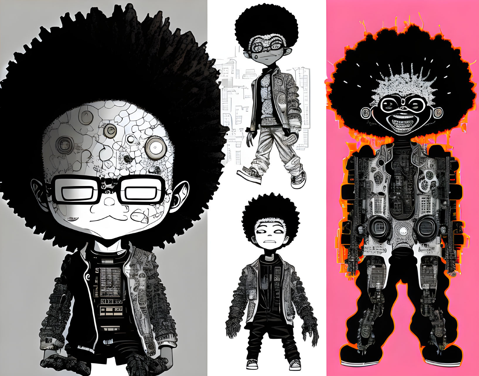 Stylized character with afro and glasses in black and white designs on bright backgrounds