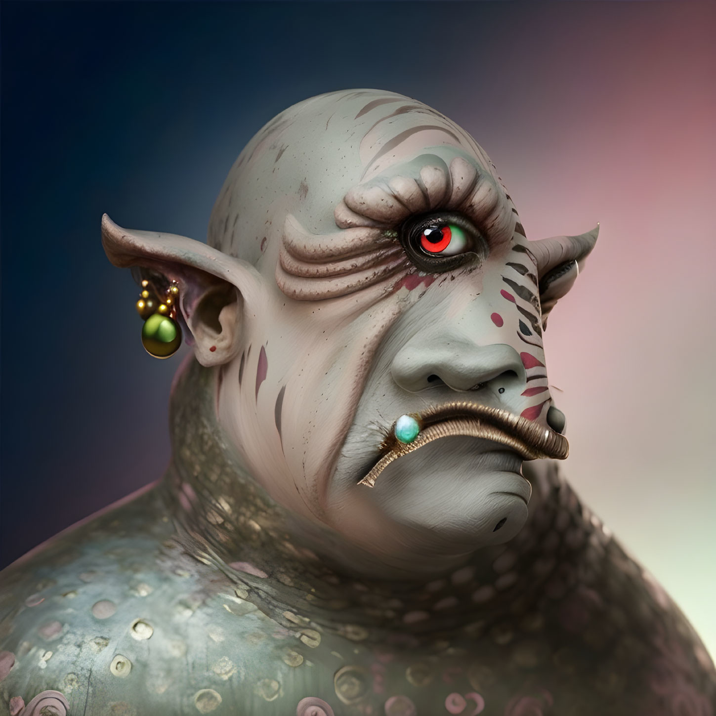 Fantasy creature illustration: green skin, red eyes, horn stubs, piercings, facial