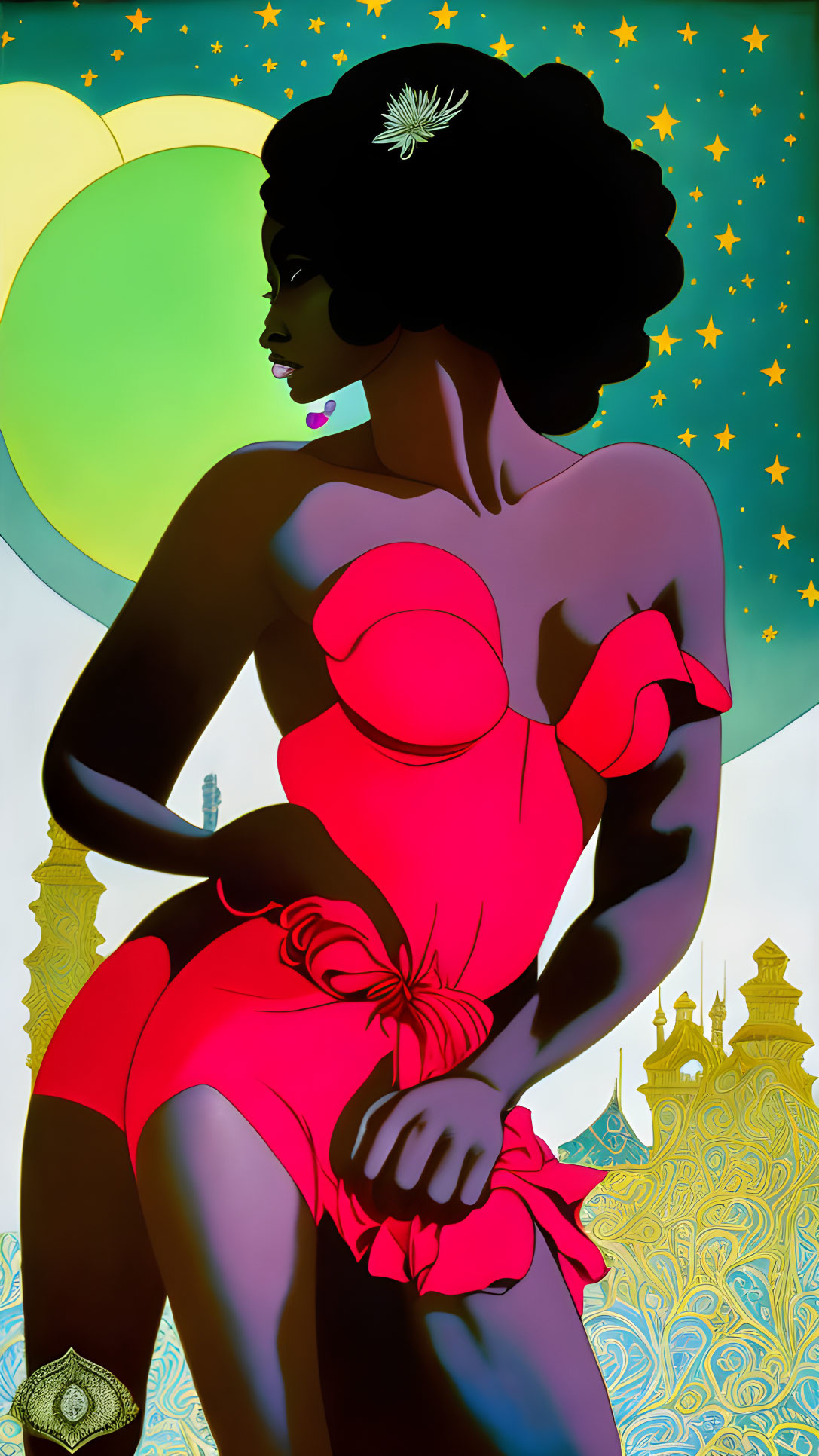 Colorful Art Deco Woman in Red Swimsuit with Sun and Stars