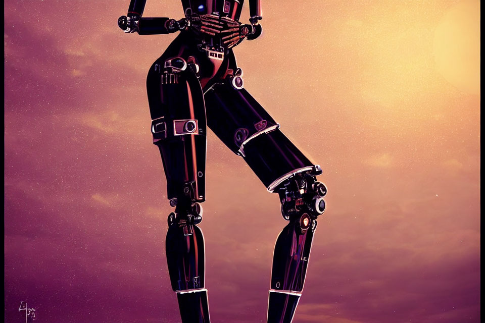 Detailed humanoid robot against purple sky.