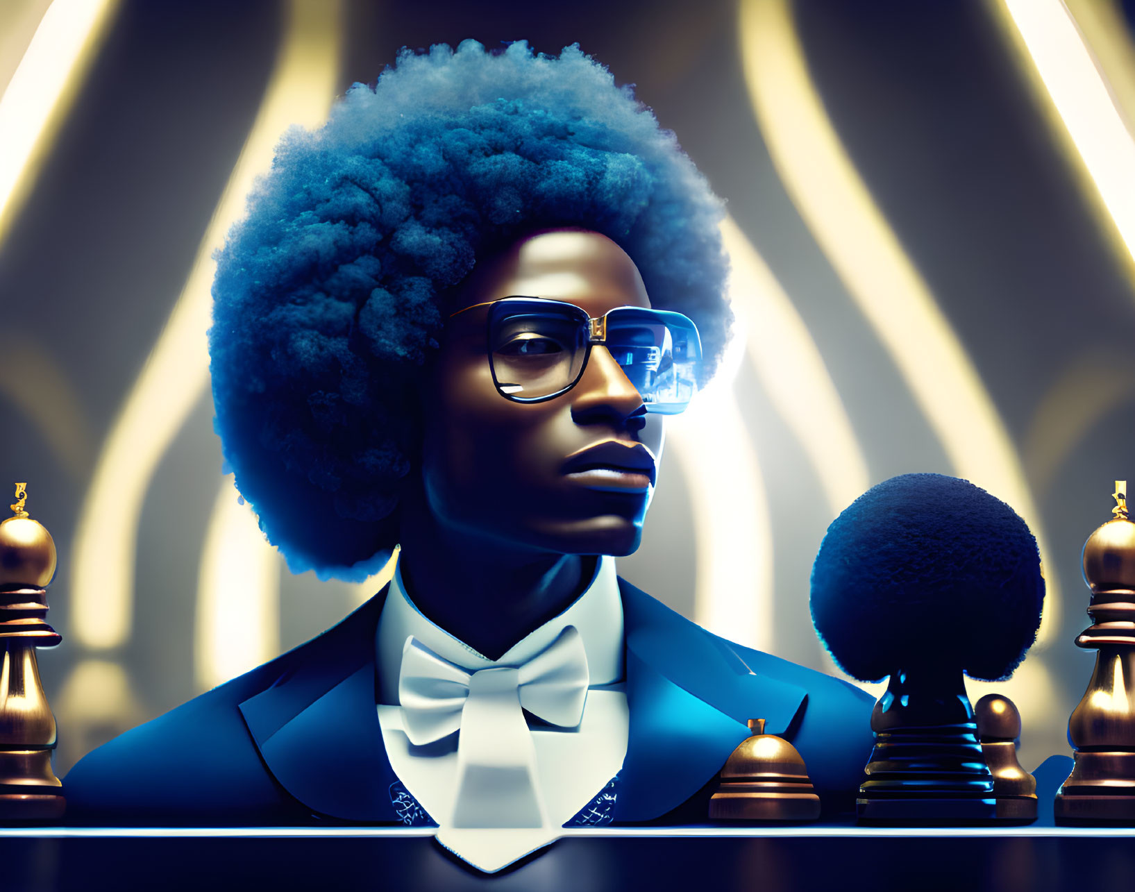 Colorful illustration of man with blue afro and glasses in tuxedo, surrounded by chess pieces