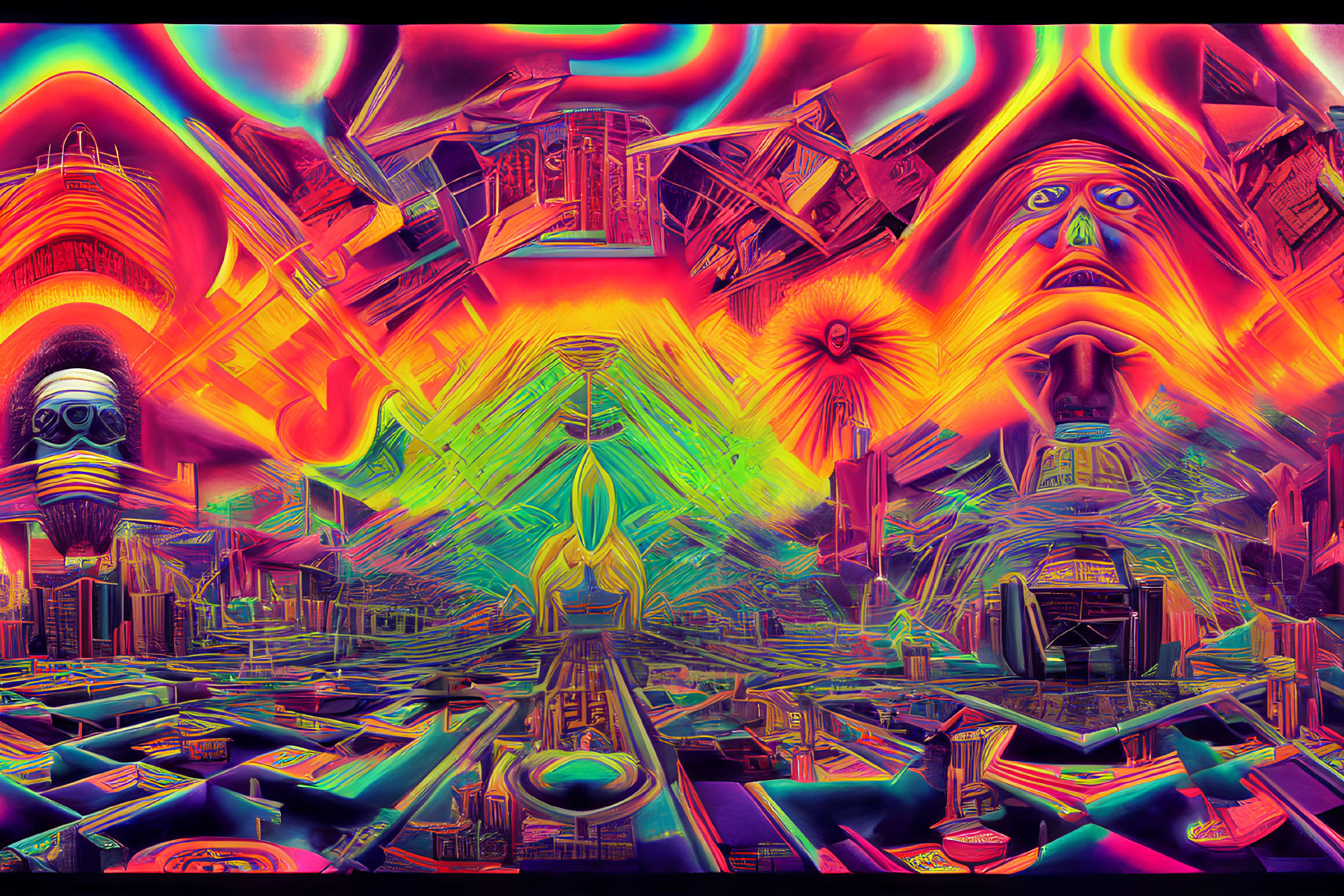 Colorful Abstract Psychedelic Cityscape with Neon Sky & Surreal Eyes