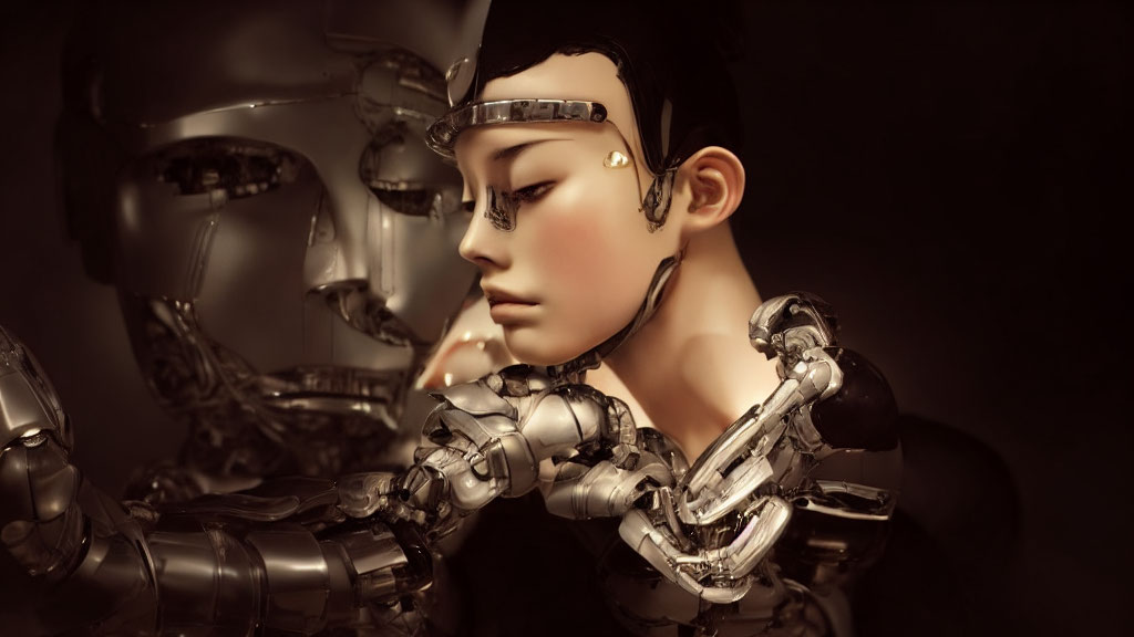 Photorealistic android with black headband and metallic skin