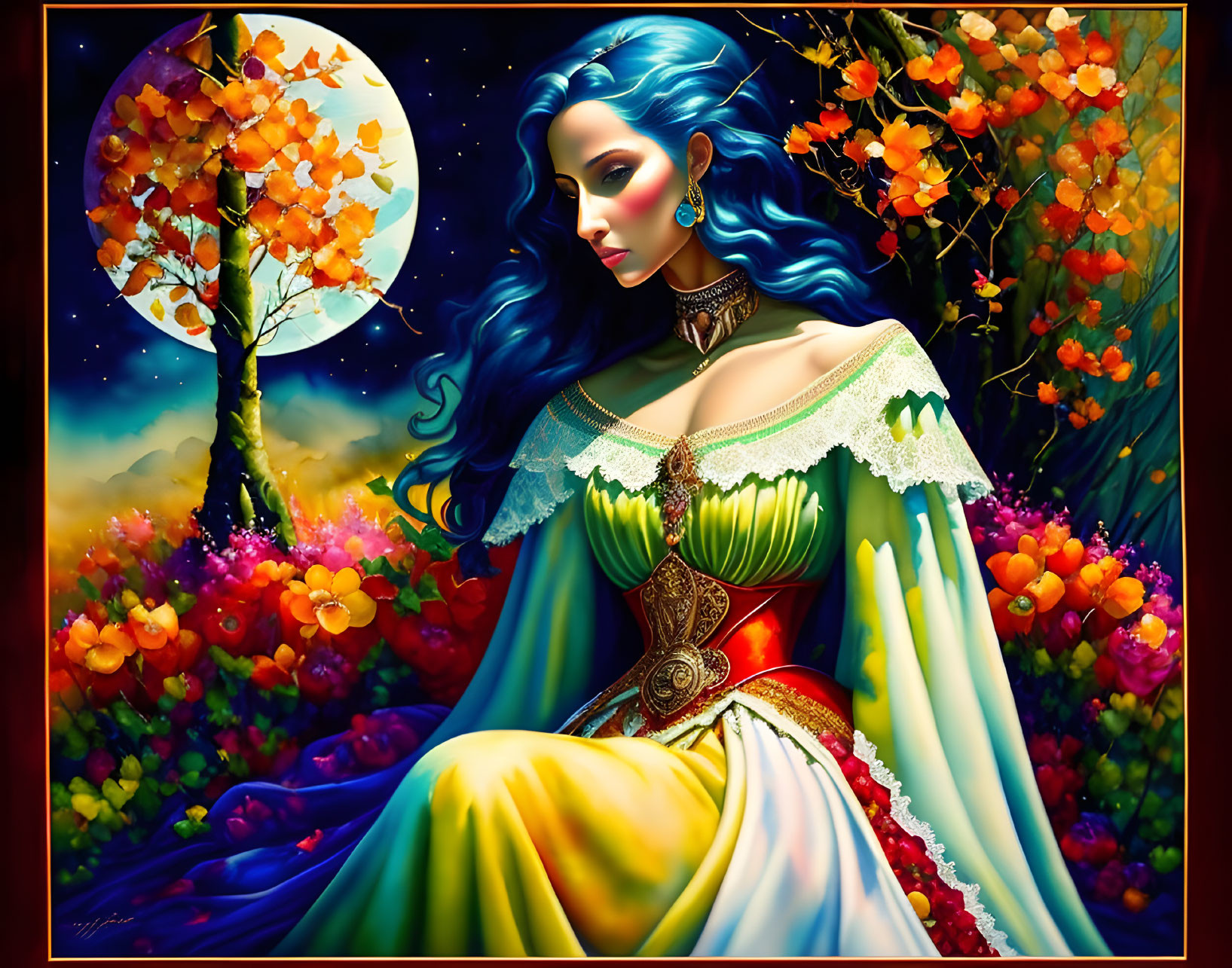 Colorful fantasy art: Woman with blue hair in ornate dress surrounded by lush flora under full moon