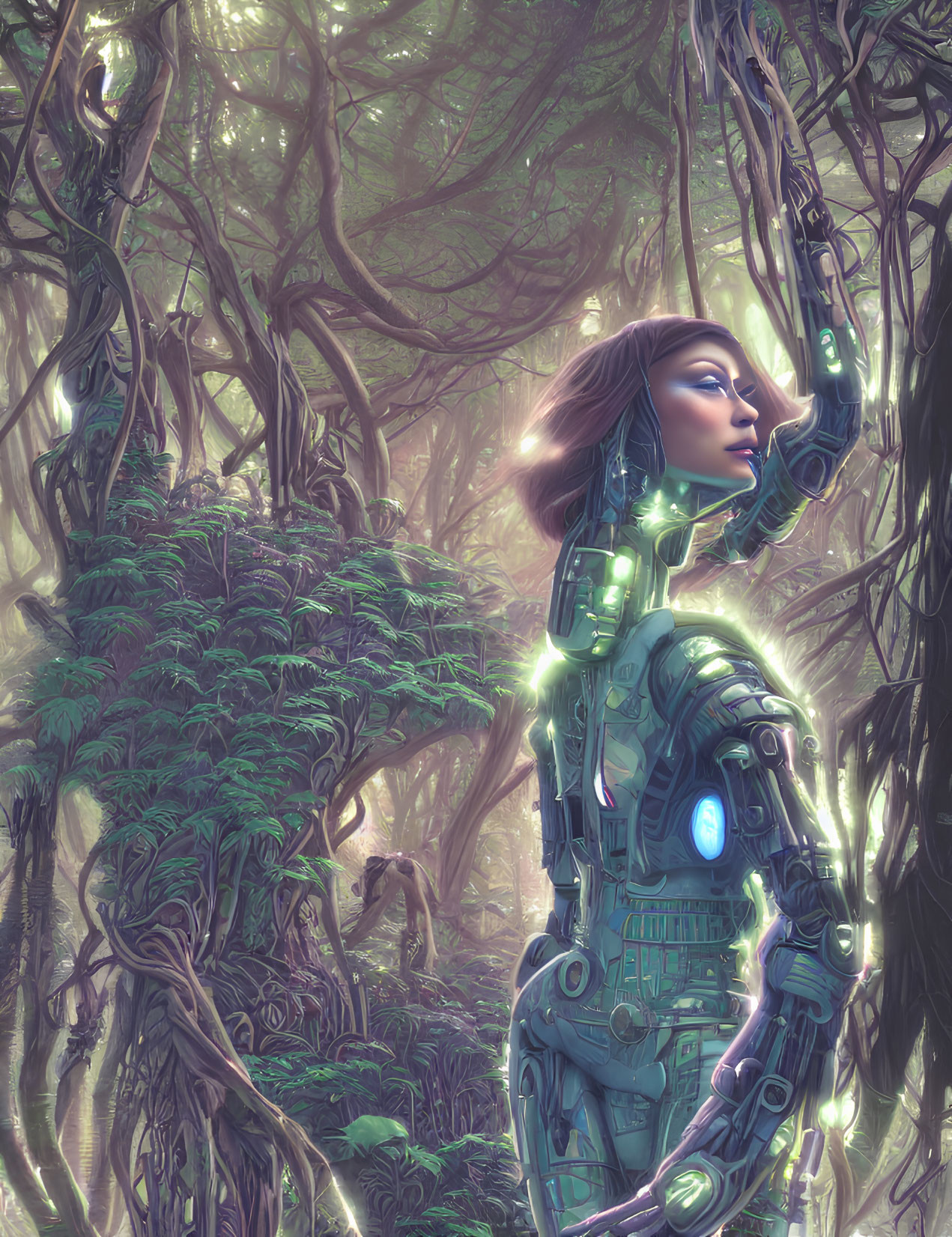 Female cyborg with glowing blue elements in ethereal forest setting