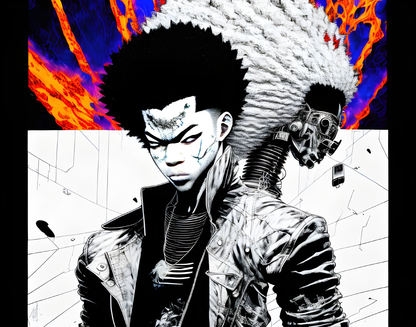 Person with black and white mohawk and cybernetic enhancements in fiery setting