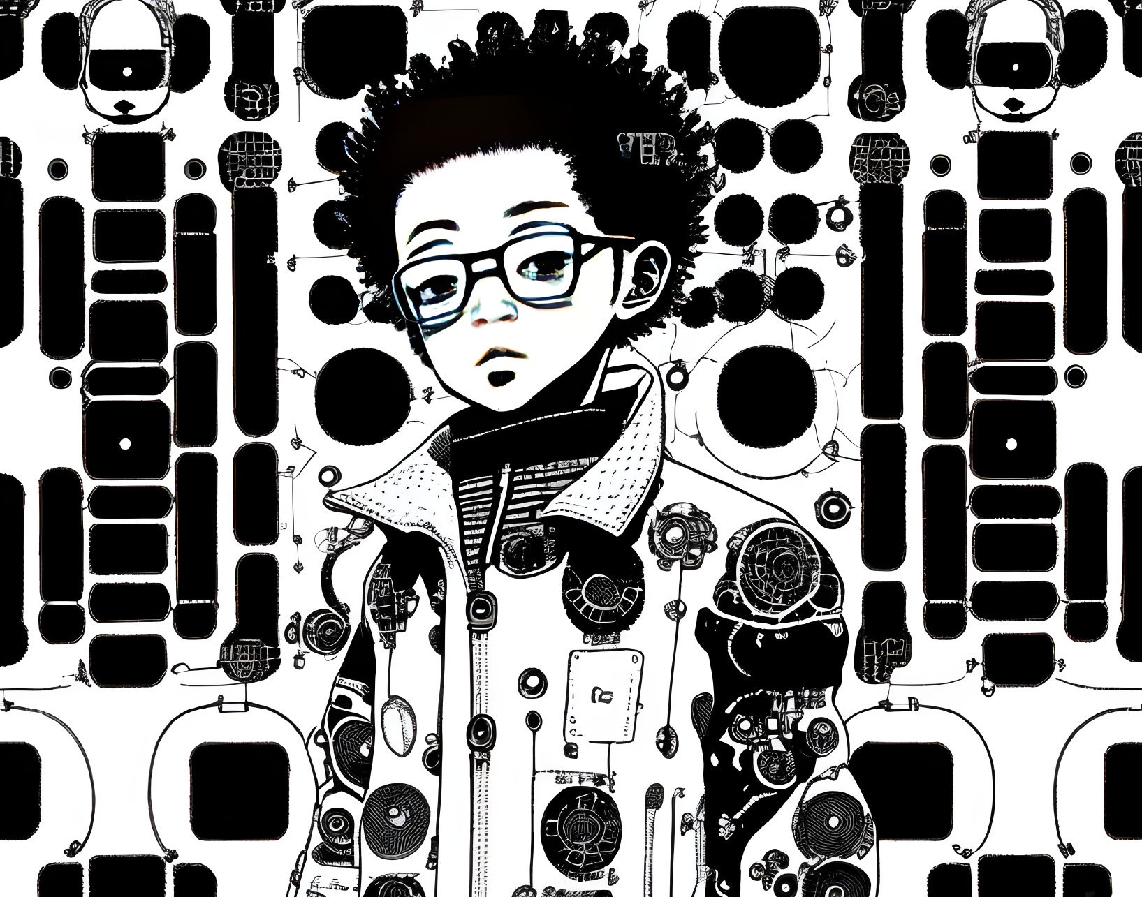 Monochrome illustration of person with glasses amidst abstract shapes