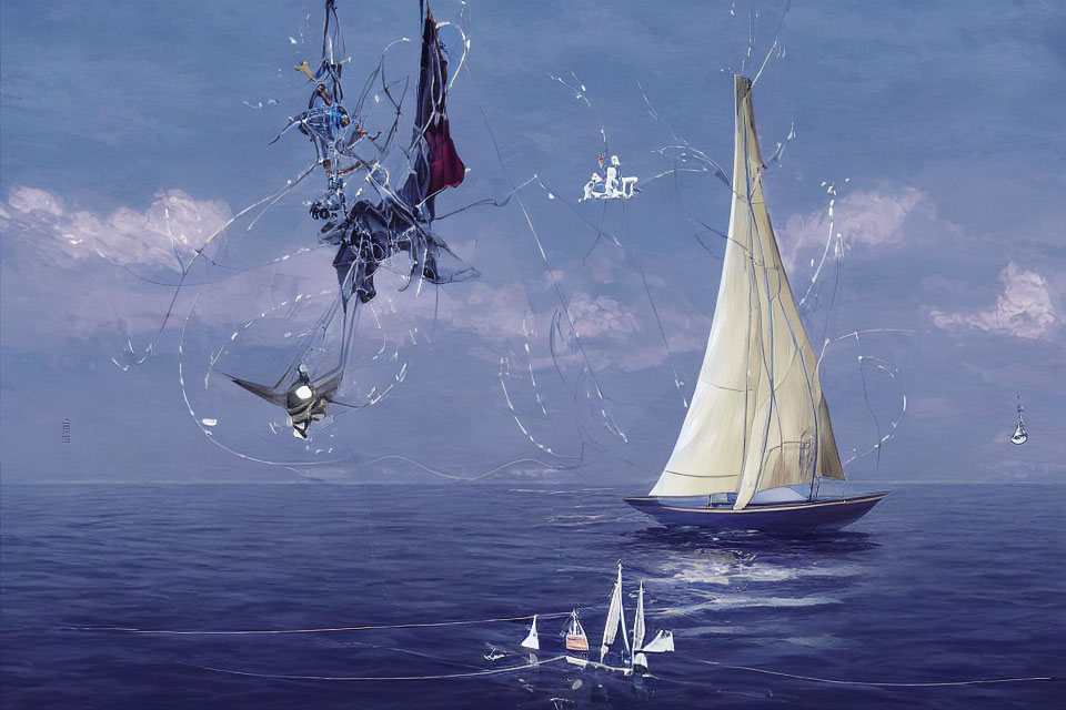 Surreal sailboat illustration with floating objects and figures