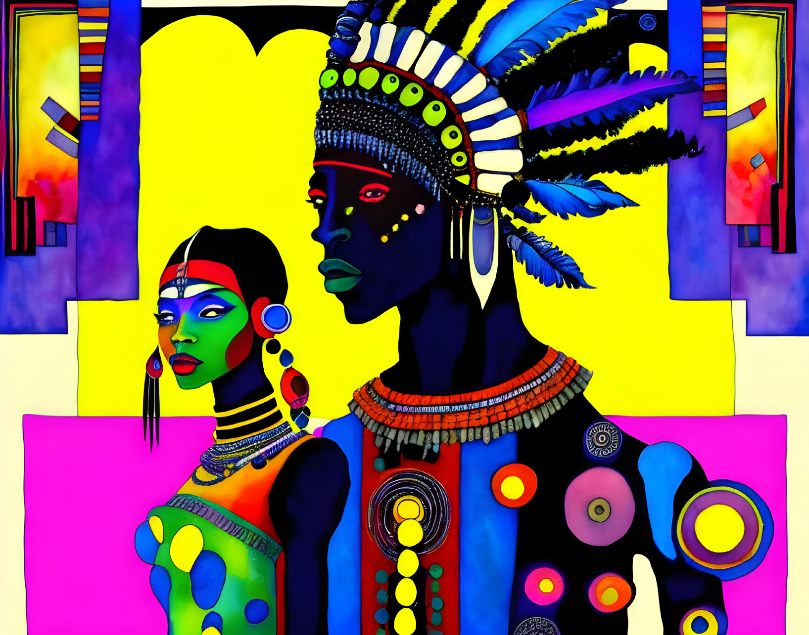 Colorful digital artwork: African figures in traditional attire