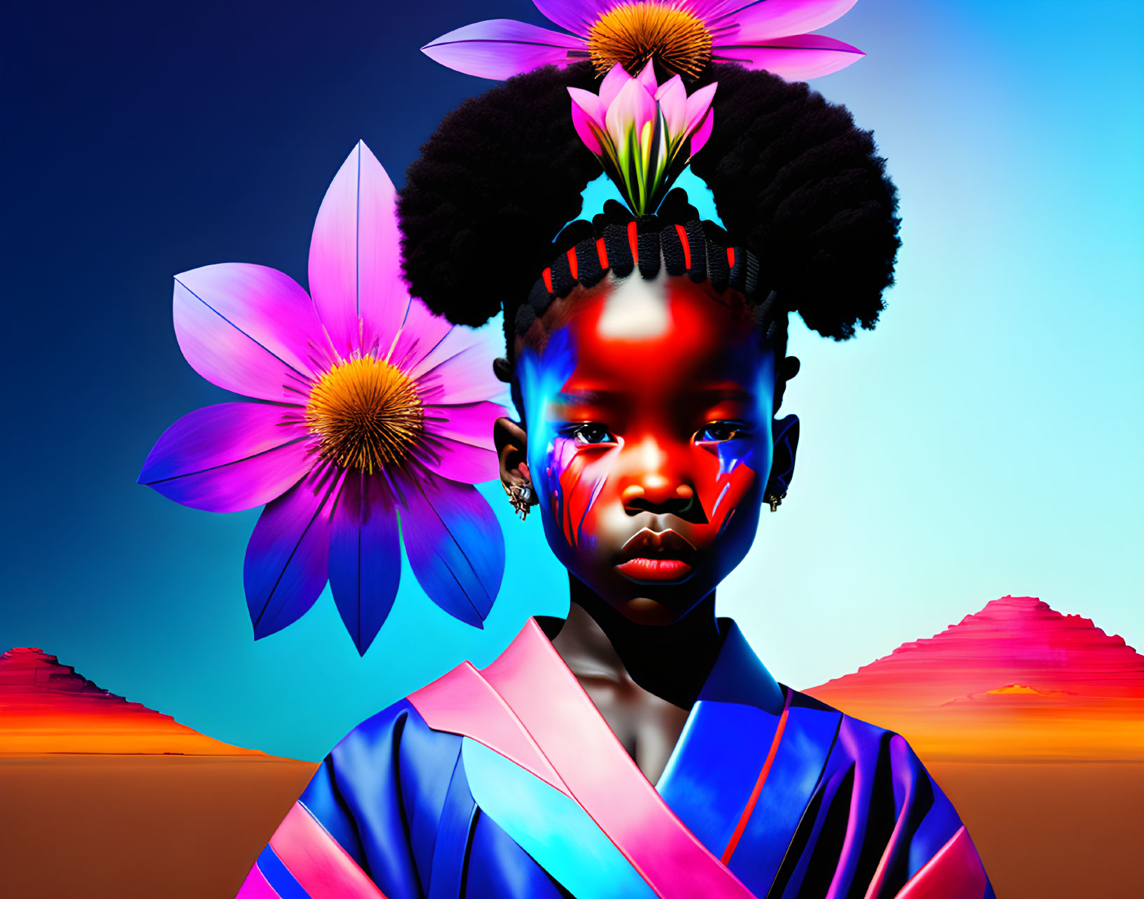 Colorful portrait of young girl with face paint and floral graphics in surreal desert scene