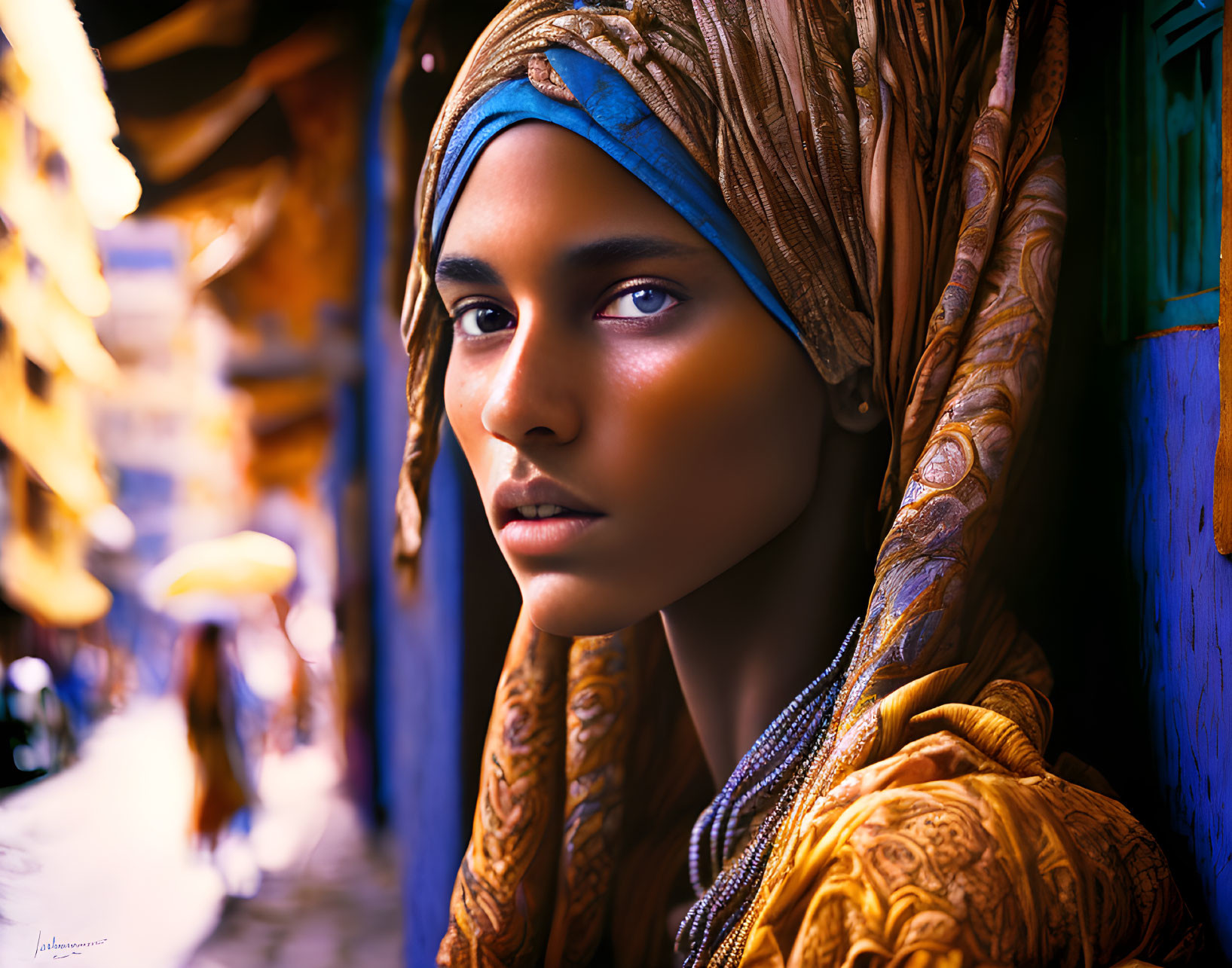 Striking eyes person in blue and gold headscarf against blue alleyway