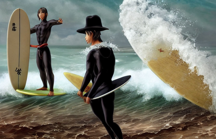 Two Surfers in Wet Suits with Surfboards by Turbulent Sea