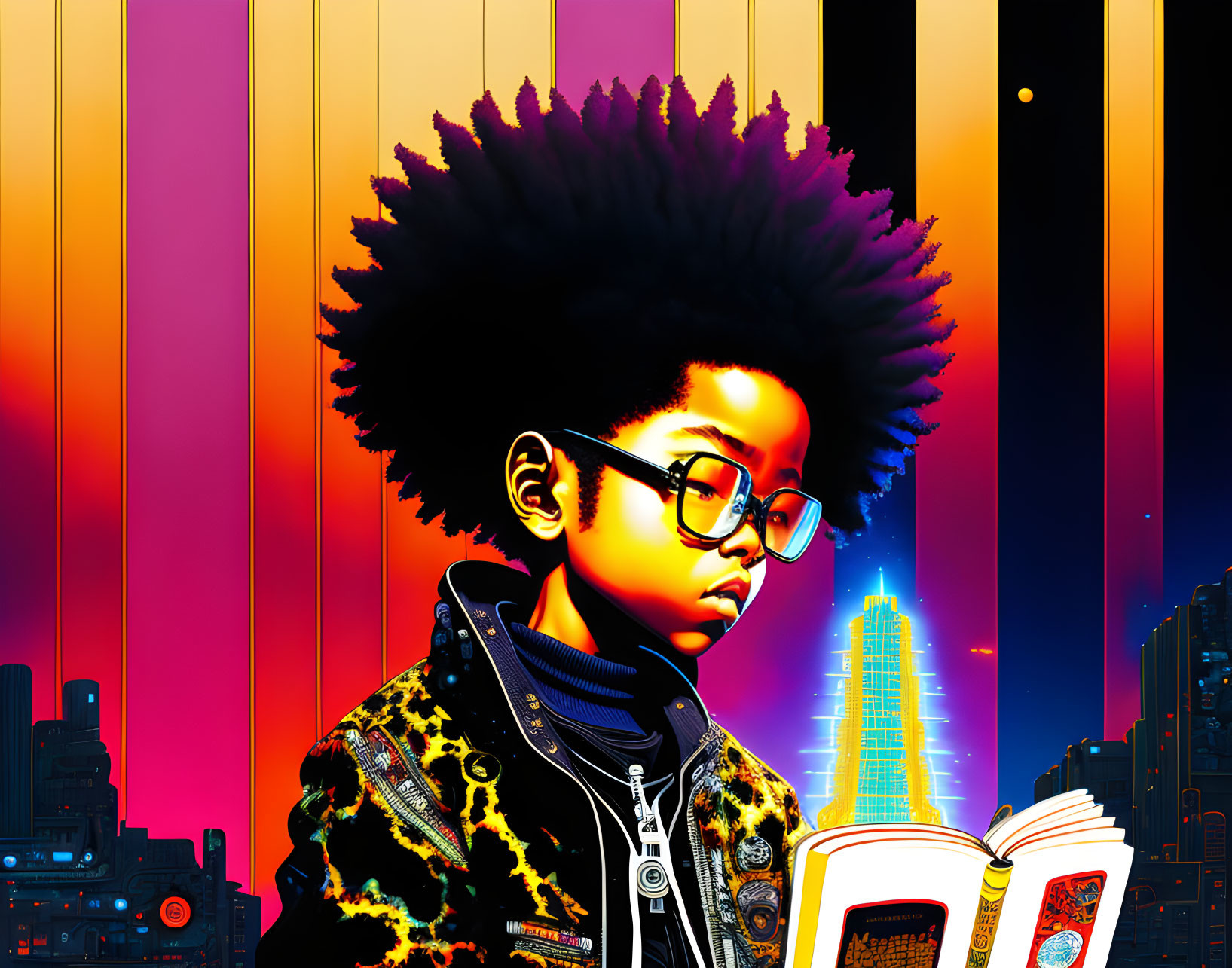 Stylized young person with large afro reading book in vibrant cityscape.