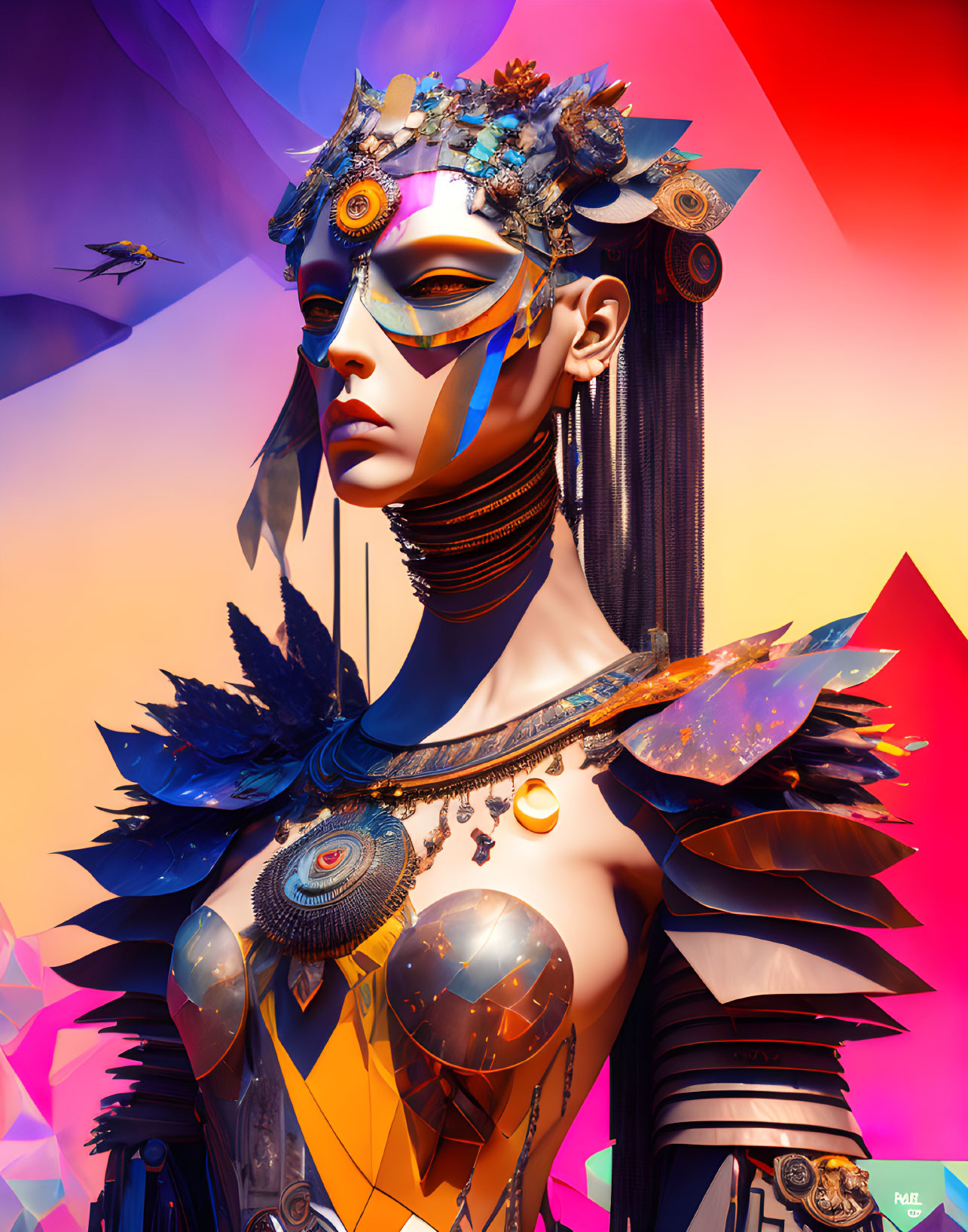 Futuristic female figure with ornate headgear and armor in vibrant digital artwork