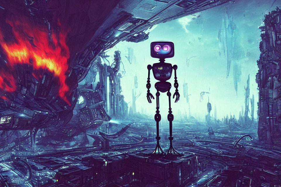 Futuristic robot with glowing purple face in dystopian cityscape