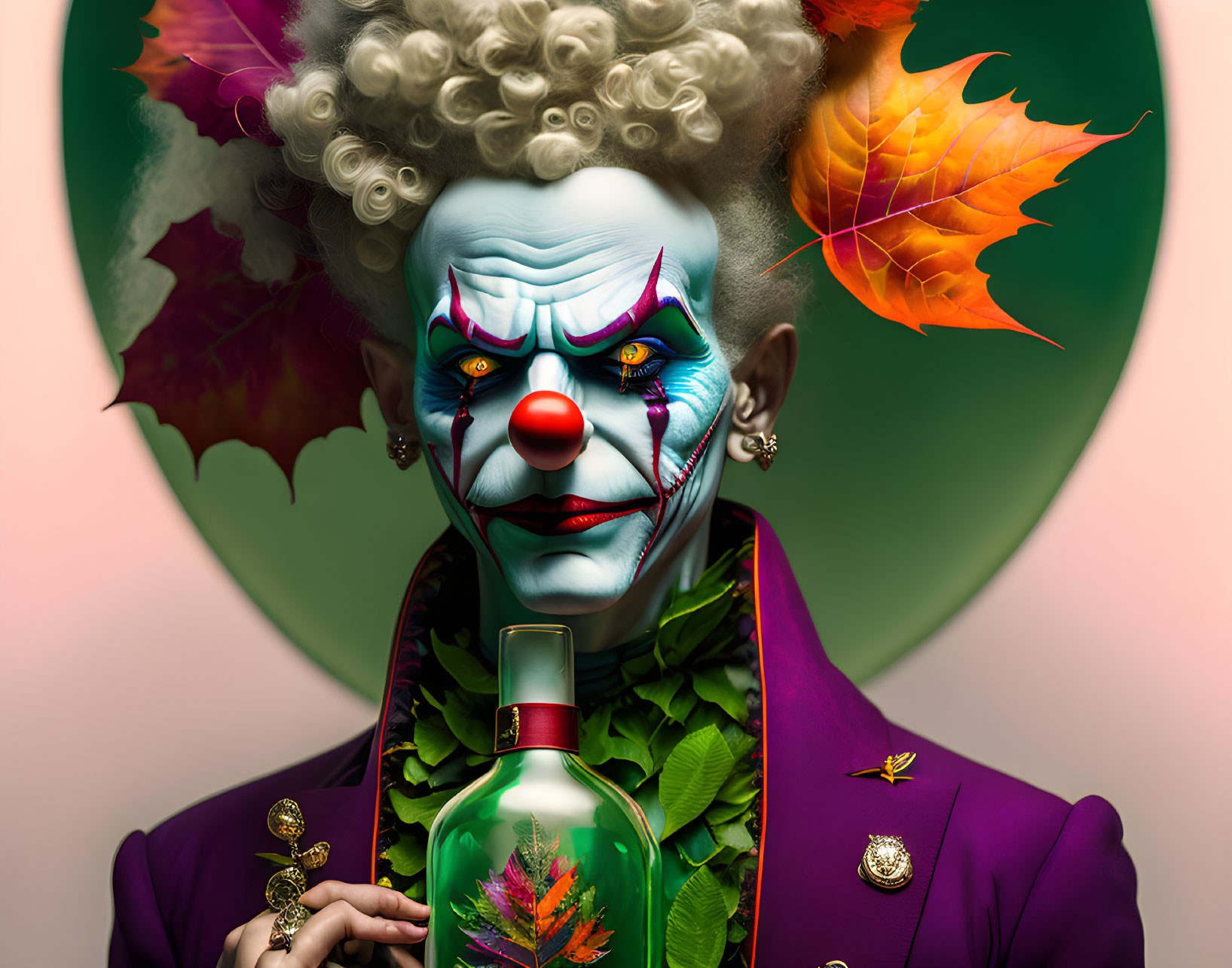 Colorful Clown with White Makeup and Autumn-themed Purple Suit