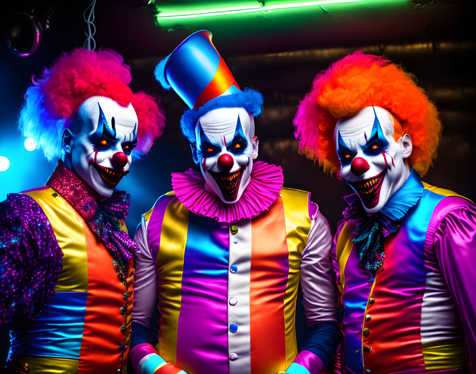 Colorful clown trio in vibrant outfits and makeup on dark backdrop