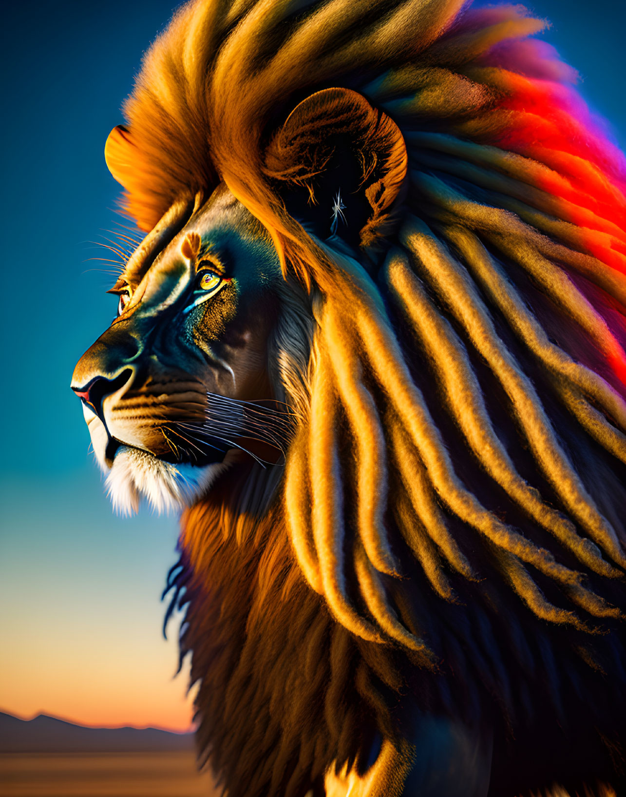 Colorful Mane Lion Silhouetted at Sunset