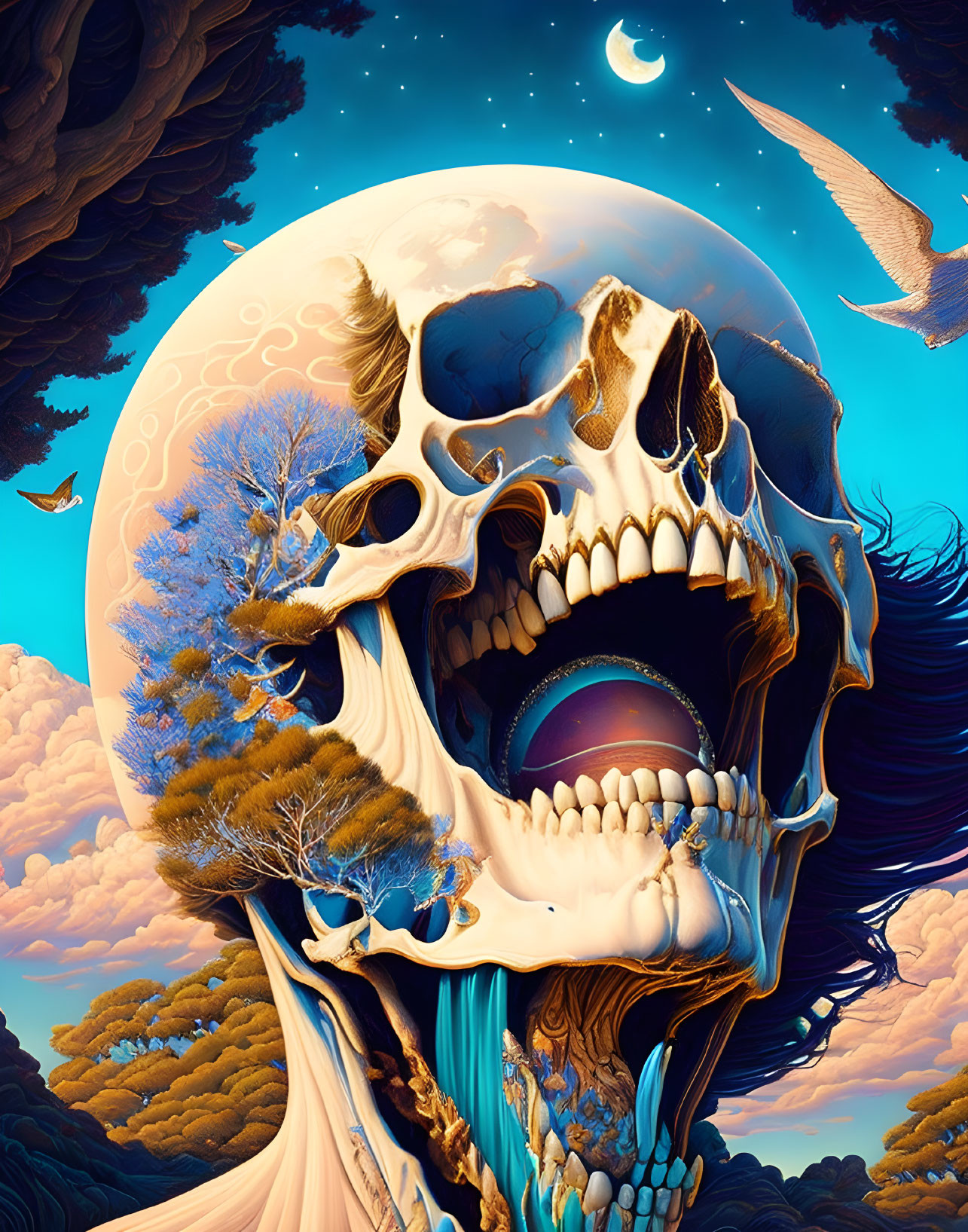 Surreal artwork: Skull with landscapes, full moon, birds, vibrant colors