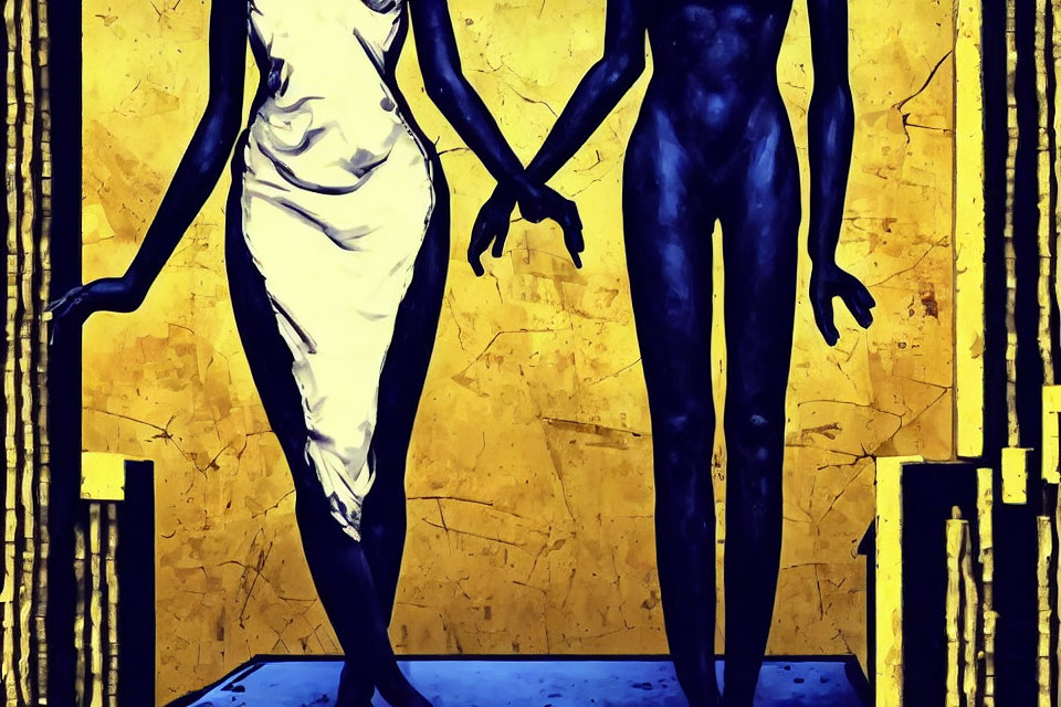 Stylized figures holding hands on textured background