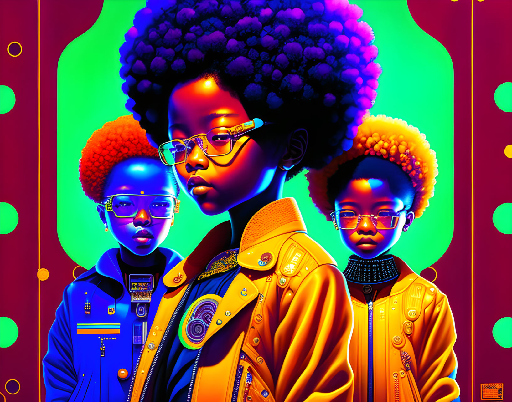 Vibrant digital artwork: three characters with afros, neon glasses, yellow jackets, psychedelic backdrop