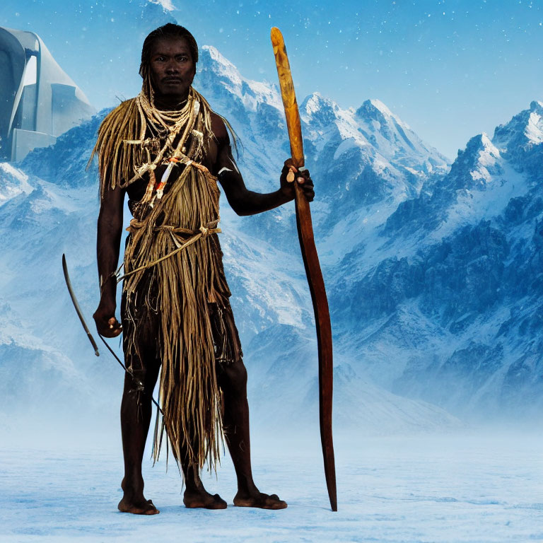 Indigenous Person in Traditional Attire with Spear on Snowy Terrain