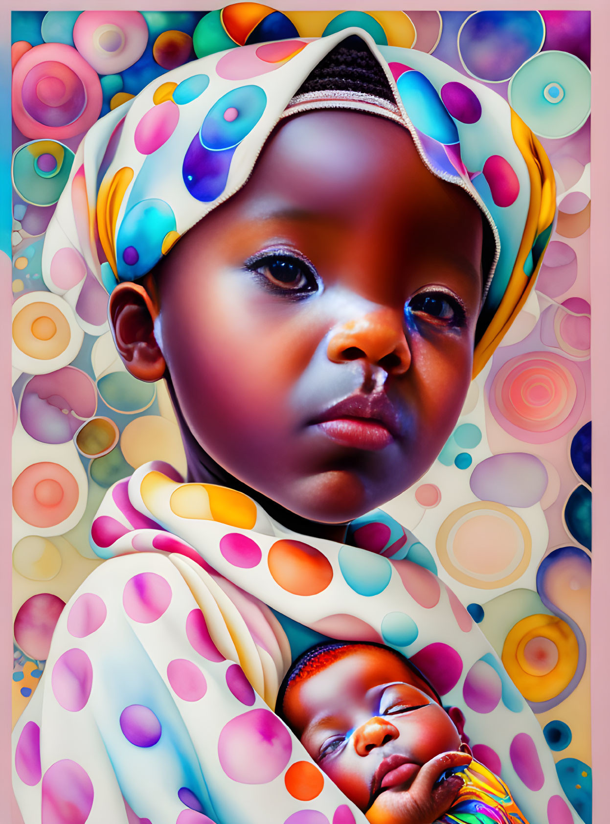 Colorful painting of child with headwrap and infant in polka-dot cloth against multicolored backdrop