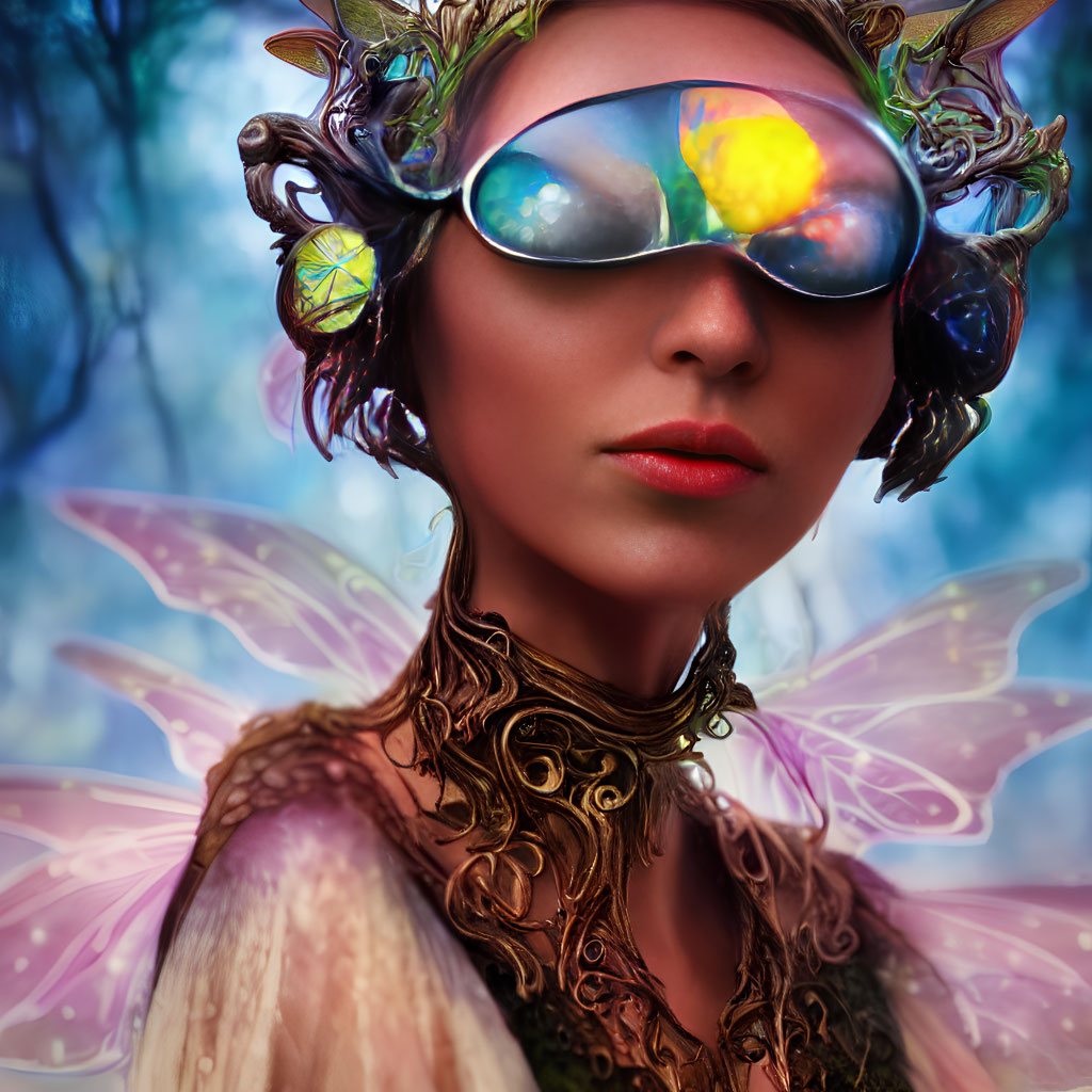 Fantasy female figure with iridescent wings and ornate goggles in enchanted forest.