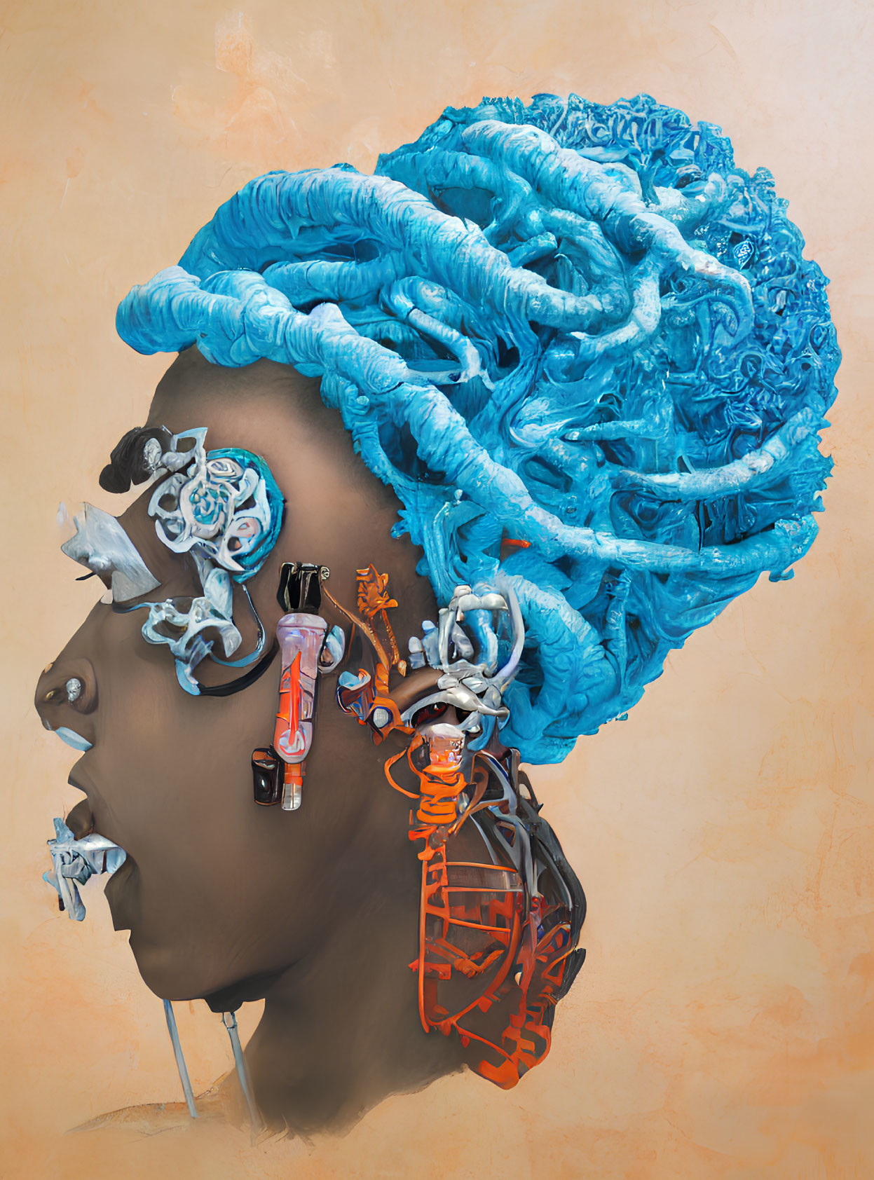 Surreal artwork: Profile of individual with detailed blue brain-like structure