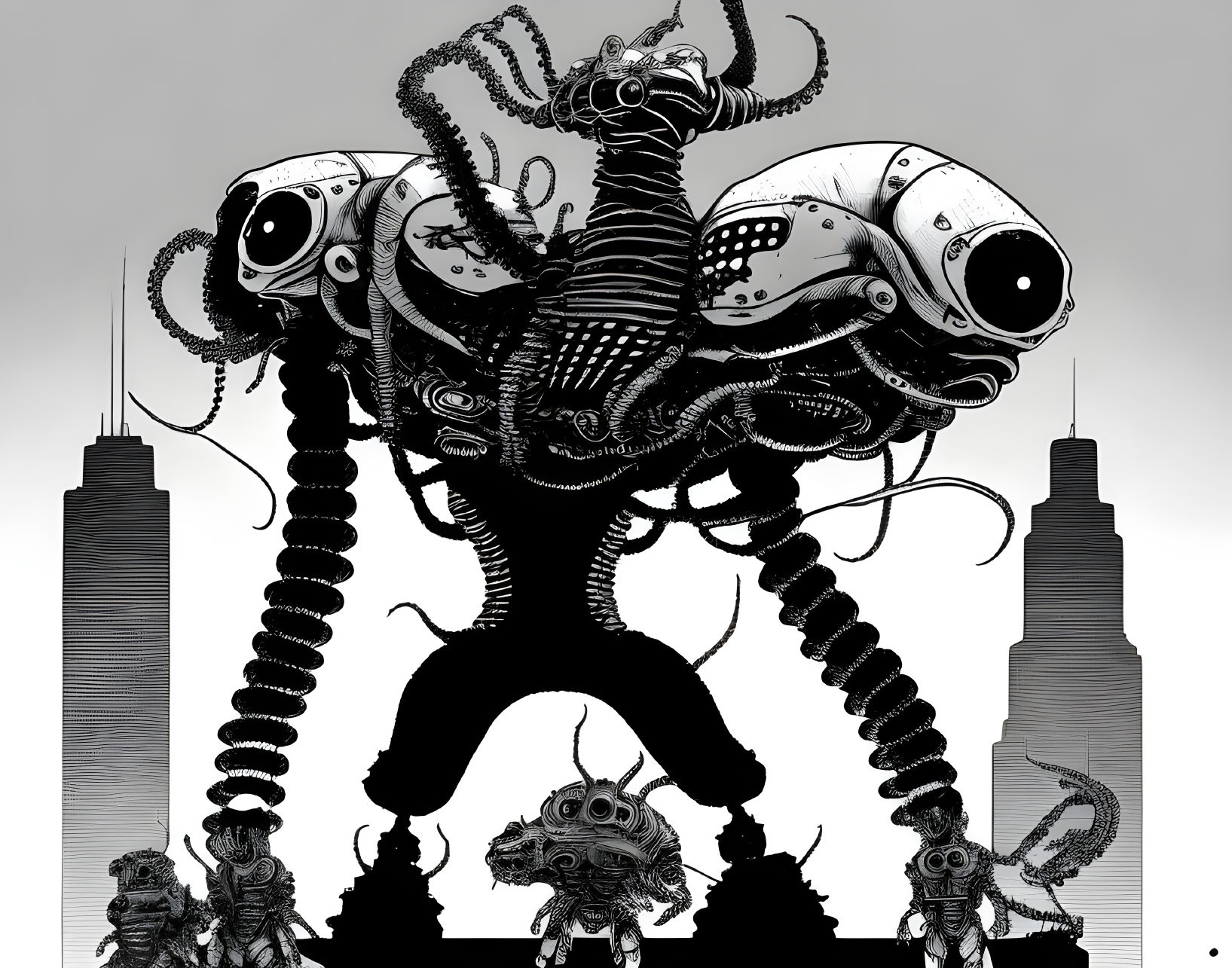 Monochromatic illustration of intricate robotic creature with tentacles in cityscape.