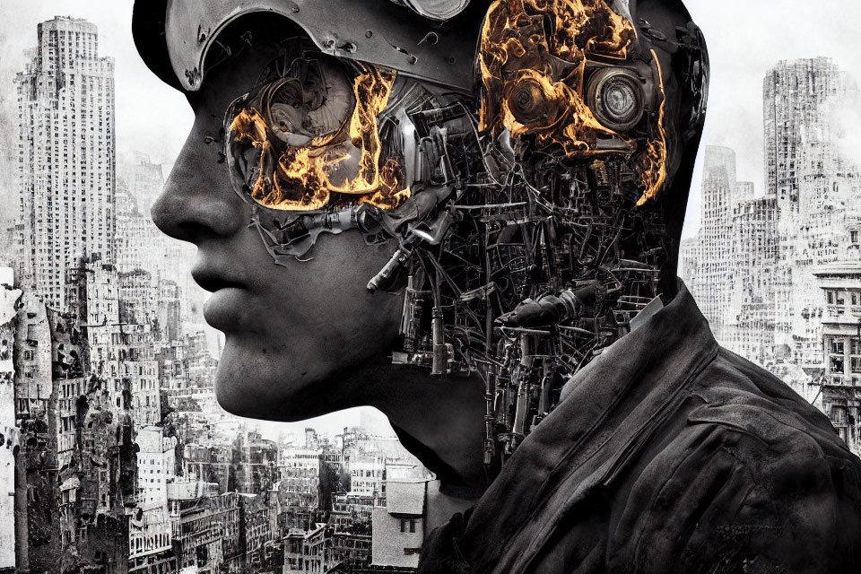 Cyborg with Mechanical Face in Dystopian Cityscape