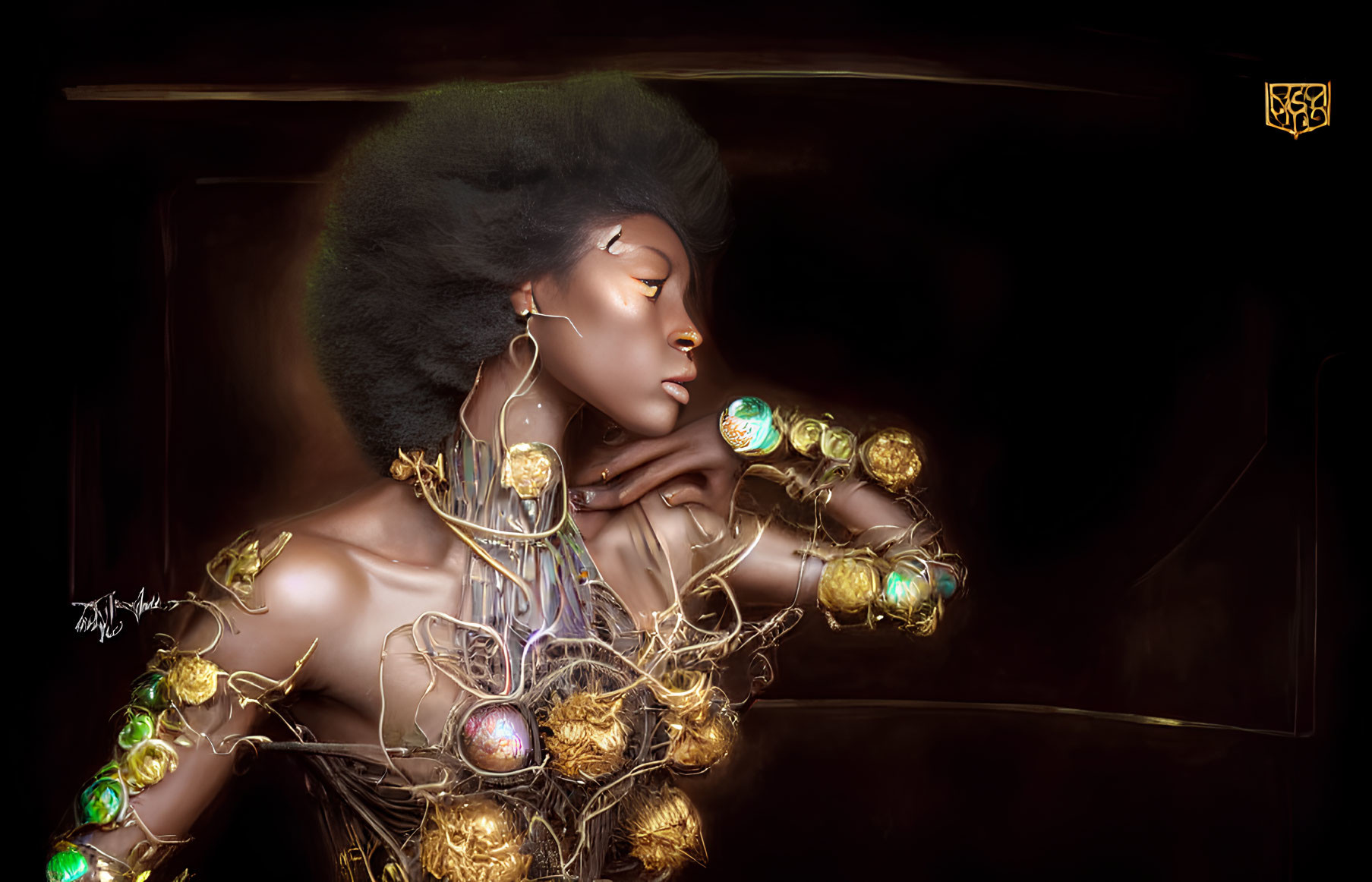 Illustrated portrait of woman with afro and golden jewelry on dark background