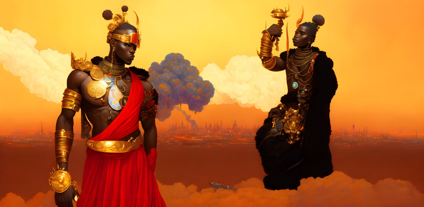 Stylized royal warrior characters in gold-accented outfits against fiery futuristic backdrop