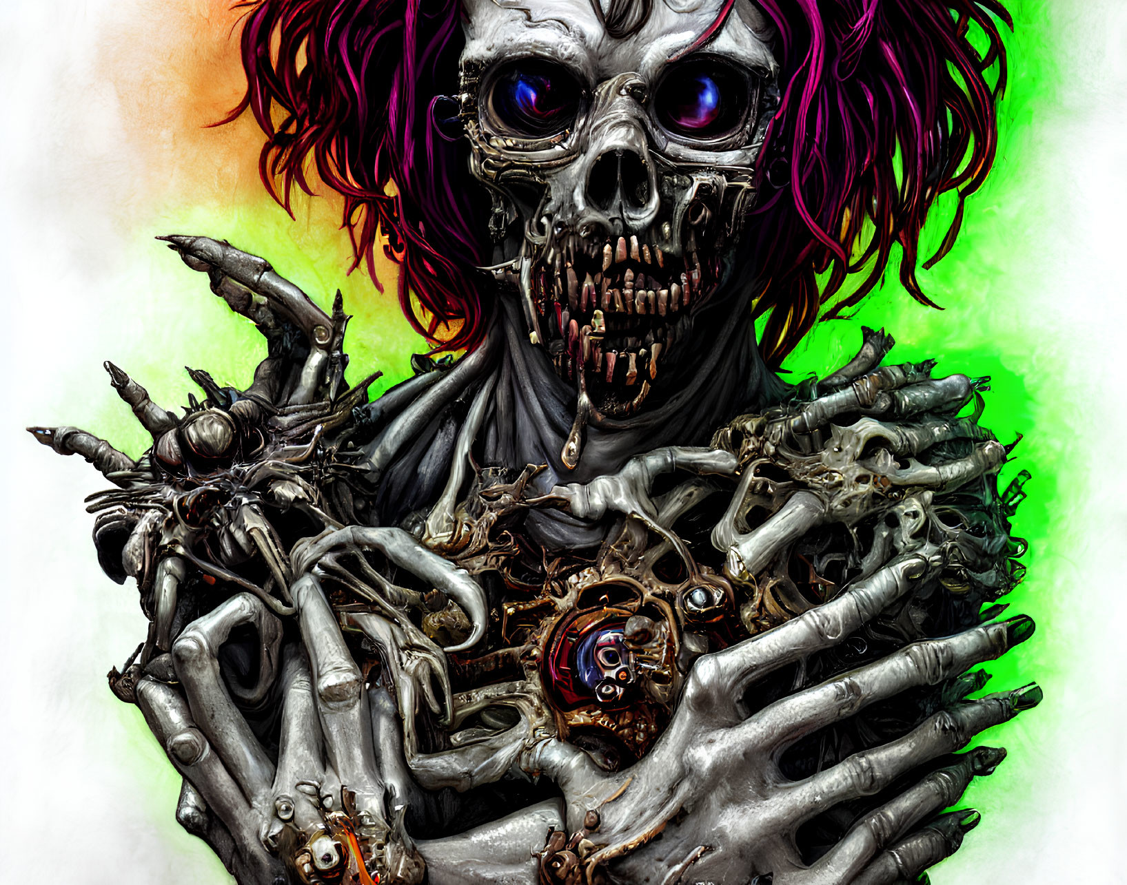 Colorful skeletal figure with purple hair and glowing blue eyes intertwined with mechanical and bone elements