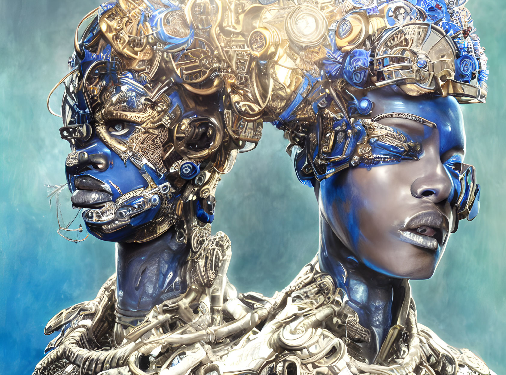 Cyborg-Themed Art: Two Figures with Metallic Details