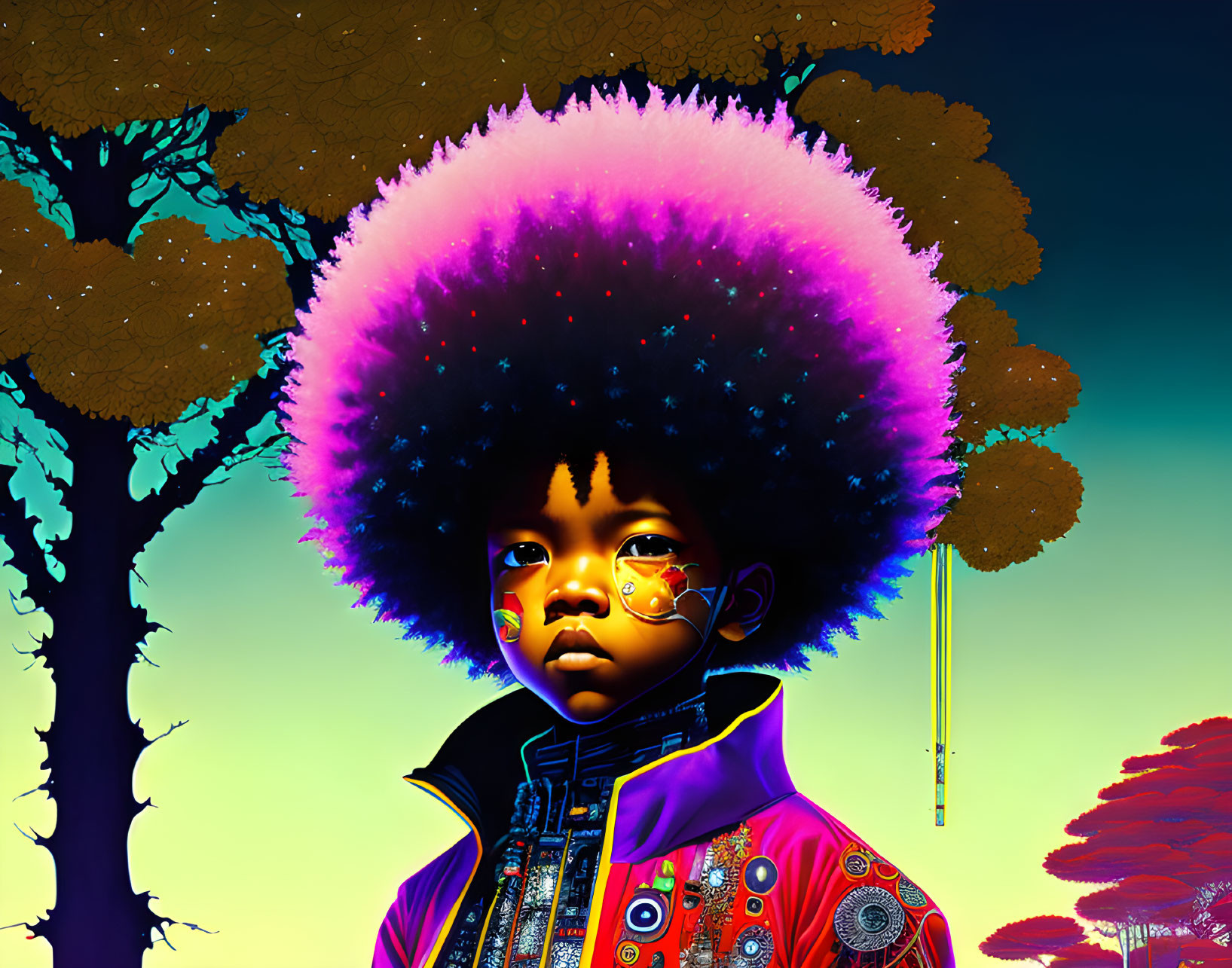 Colorful Afro Child in Traditional Attire Under Surreal Sky