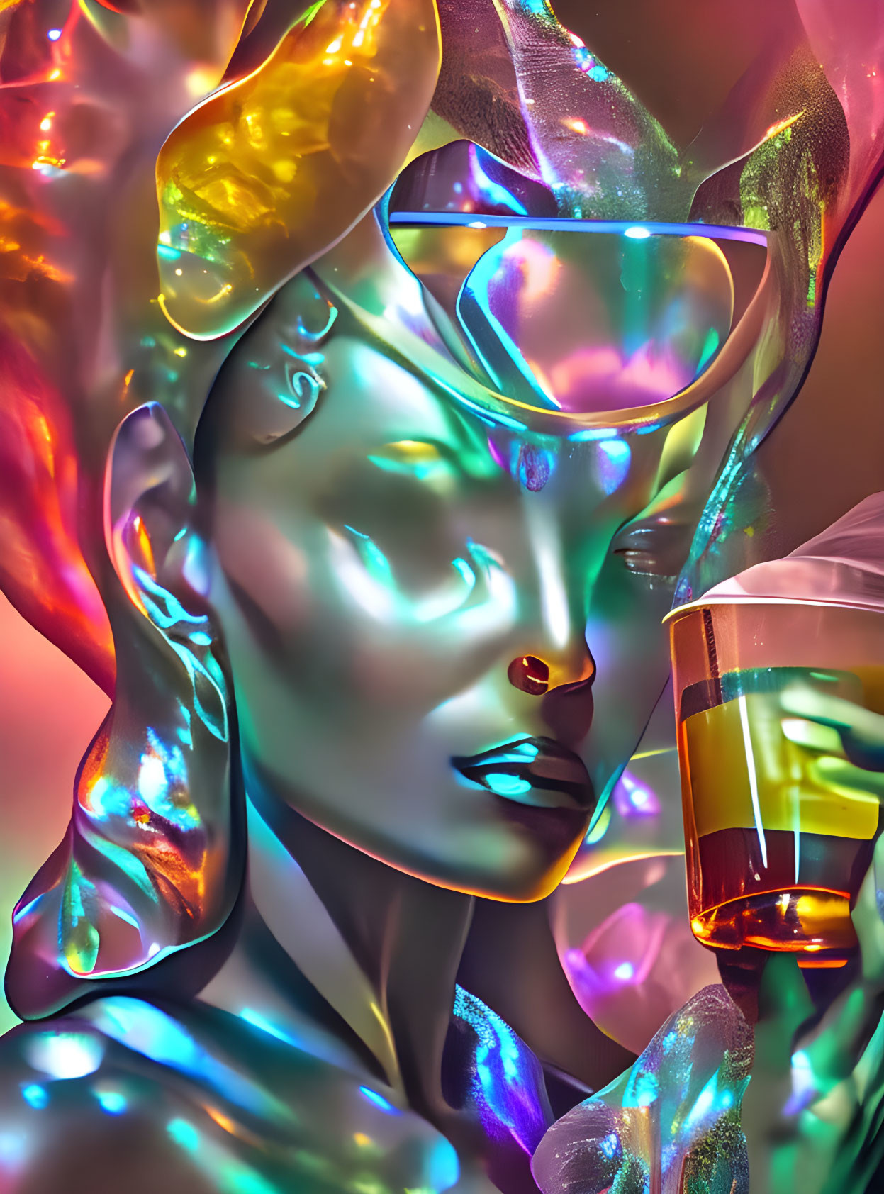 Colorful Metallic Mannequin Head with Sunglasses and Glass of Liquid