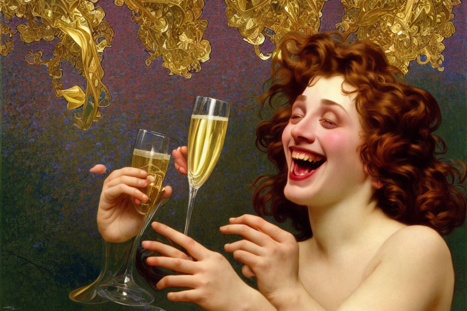 Curly Brown-Haired Woman Laughing with Champagne Glass