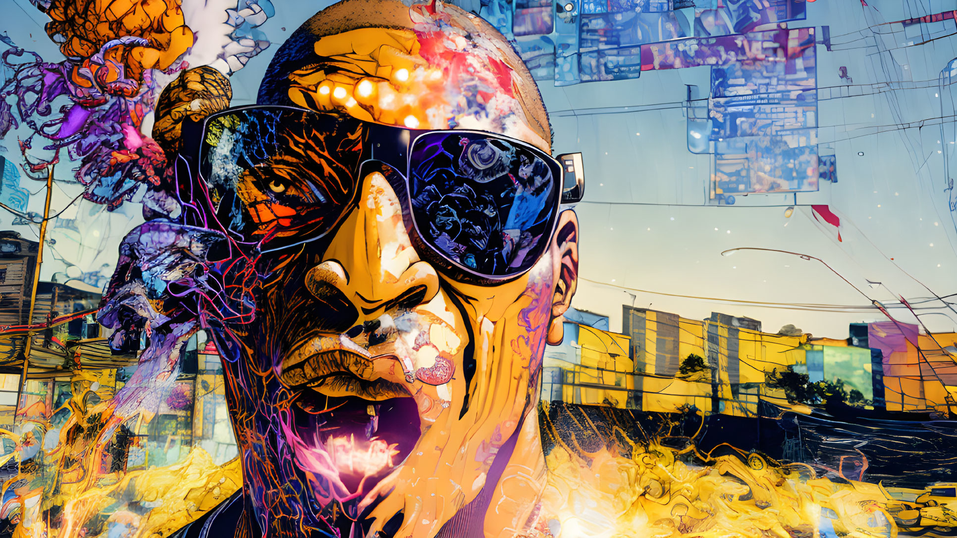 Colorful urban chaos illustration with man in sunglasses and fiery florals