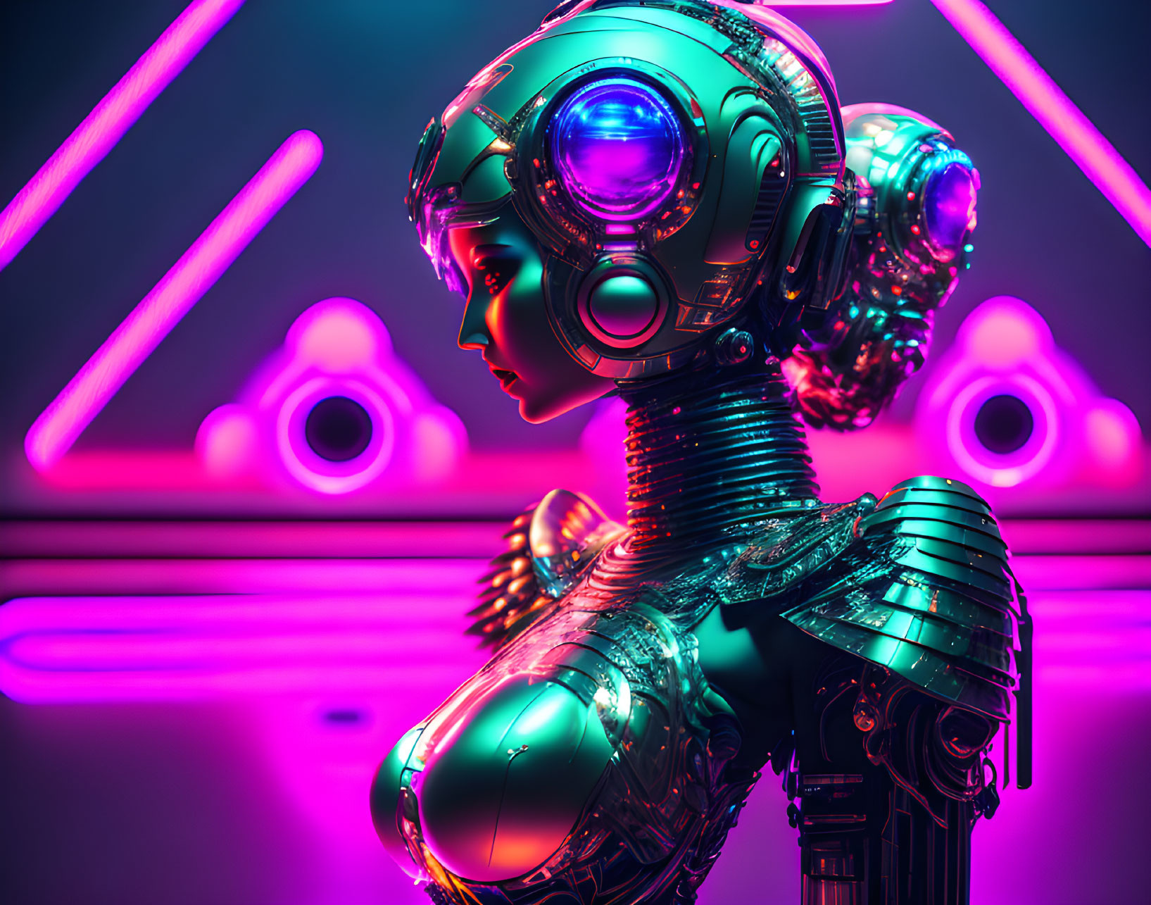 Detailed futuristic female robot in metallic armor with neon lights