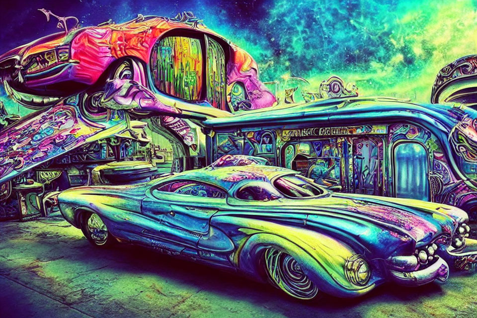 Colorful Futuristic Car Artwork in Abstract Cityscape