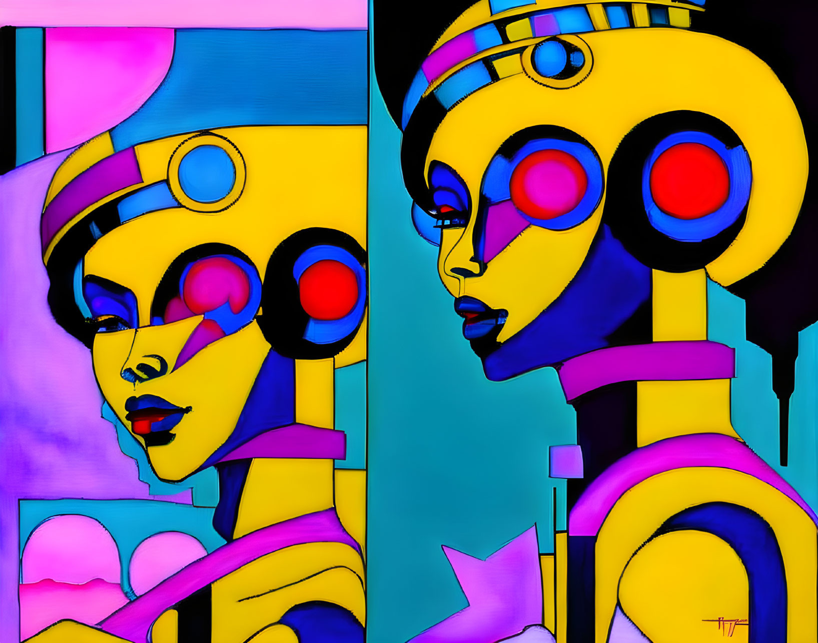 Colorful Stylized Futuristic Robotic Humanoid Faces on Vibrant Background