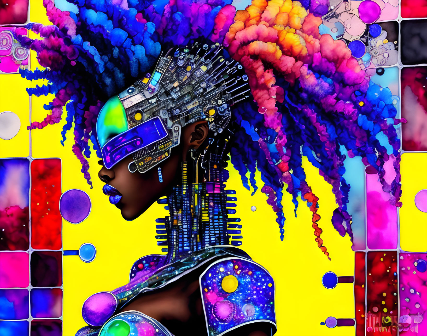 Colorful digital art: Woman with techno-organic hairstyle on abstract backdrop